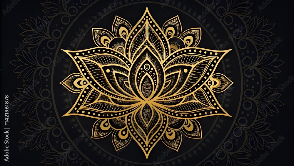 Luxurious golden floral mandala in the shape of a lotus, intricate details and sacred symmetry, radiating from center on black background, elegant and spiritual, 8K Luxurious golden floral mandala in the shape of a lotus, intricate details and sacred symmetry, radiating from center on black background, elegant and spiritual, 8K
