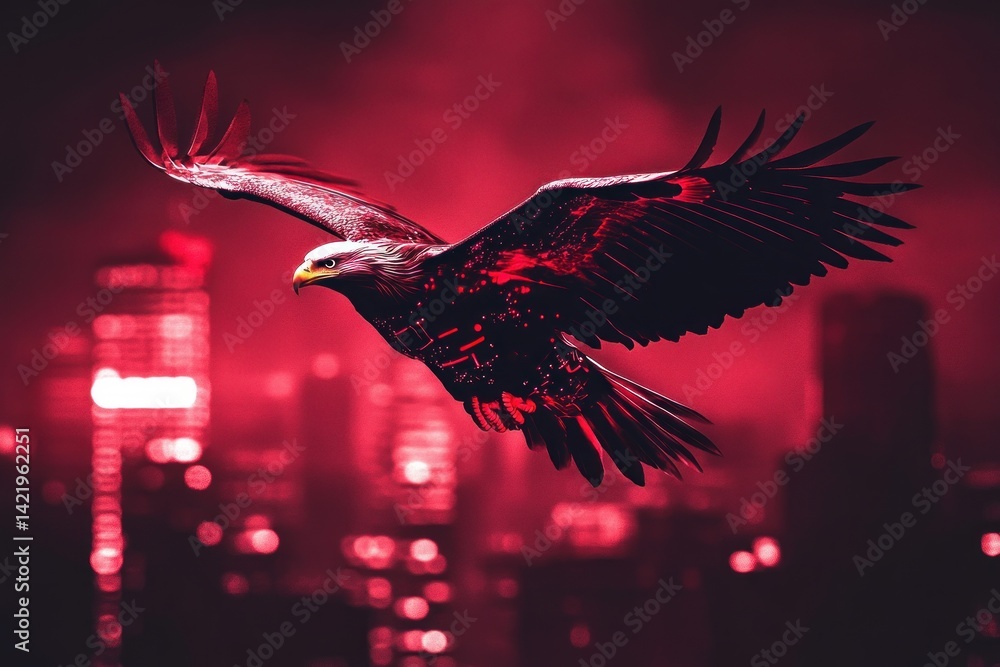 Crimson Eagle Soaring Above Cityscape