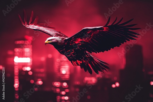 Obraz na płótnie Crimson Eagle Soaring Above Cityscape w salonie