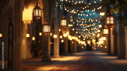 Ramadan kareem lanterns lights decoration islamic background eid mubarak celebration night scene design
