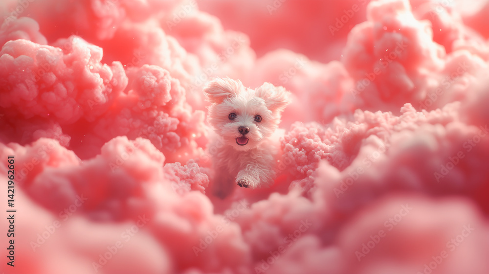 Cute happy pet dog jumping among pink clouds in the sky. Puppy animal in the fantasy dreamy cotton-like cloud or candy smoke. Love poster