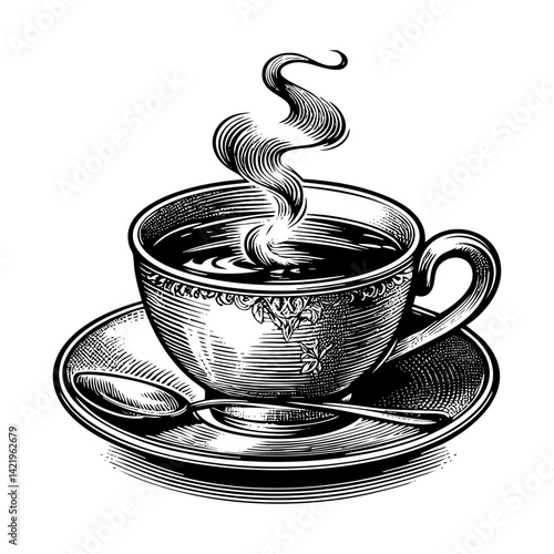 hot coffee cup engraving black and white outline. Scratch board imitation.  illustrated in vintage line art style on a white background.