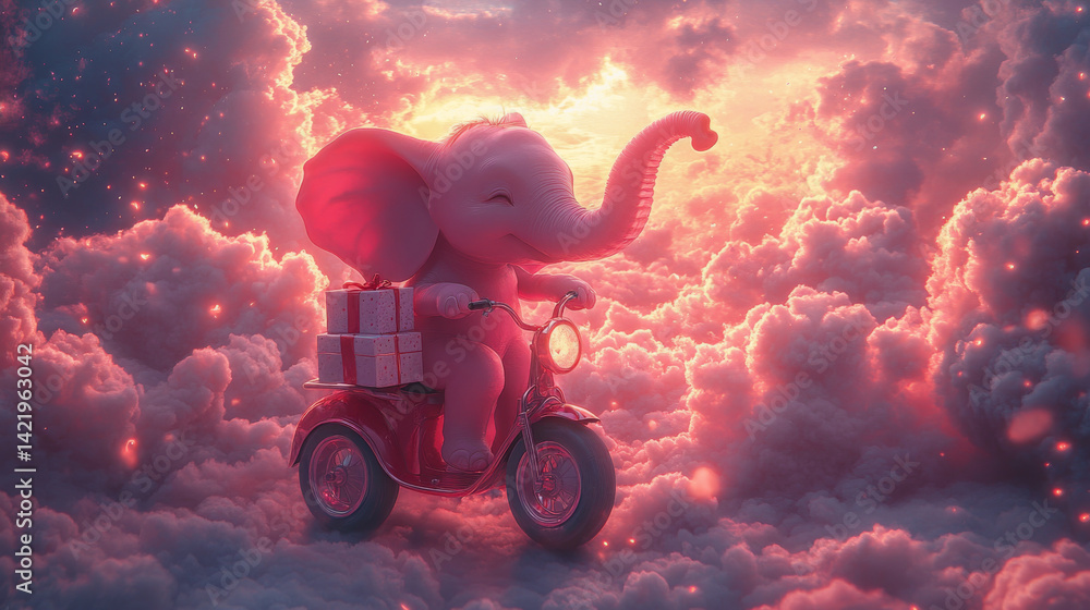Cute fantasy elephant riding a bike among pink clouds in the sky . The Dream cotton-like cloud or candy smoke. Animal with present gift box for celebration day
