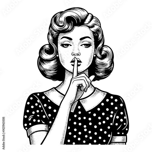 Retro woman giving silent gesture sketch engraving black and white outline. Scratch board imitation.  illustrated in vintage line art style on a white background.