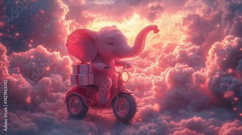 Cute fantasy elephant riding a bike among pink clouds in the sky . The Dream cotton-like cloud or candy smoke. Animal with present gift box for celebration day