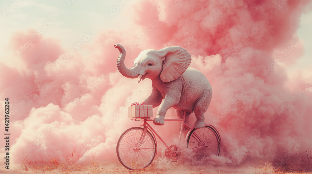 Cute fantasy elephant riding a bike among pink clouds in the sky . The Dream cotton-like cloud or candy smoke. Animal with present gift box for celebration day