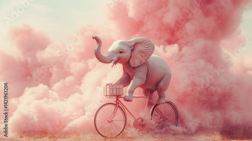Obraz na płótnie Cute fantasy elephant riding a bike among pink clouds in the sky . The Dream cotton-like cloud or candy smoke. Animal with present gift box for celebration day w salonie