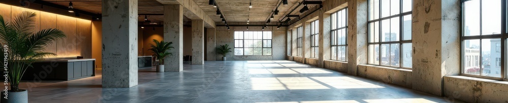 Fototapeta premium Exposed concrete, open-plan layout, large windows , loft, stylish, industrial