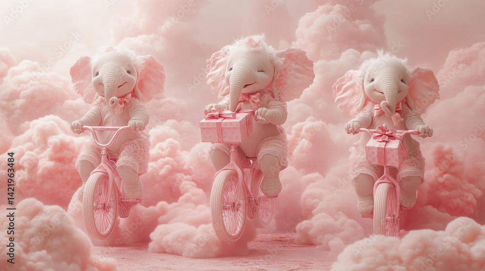 Cute fantasy elephant riding a bike among pink clouds in the sky . The Dream cotton-like cloud or candy smoke. Animal with present gift box for celebration day