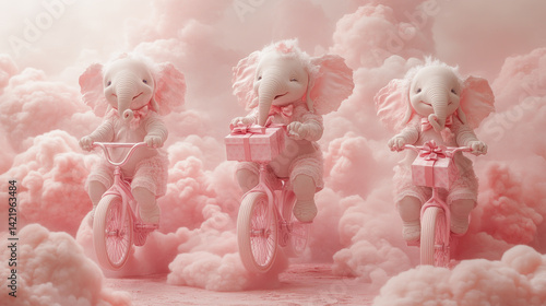 Obraz na płótnie Cute fantasy elephant riding a bike among pink clouds in the sky . The Dream cotton-like cloud or candy smoke. Animal with present gift box for celebration day w salonie