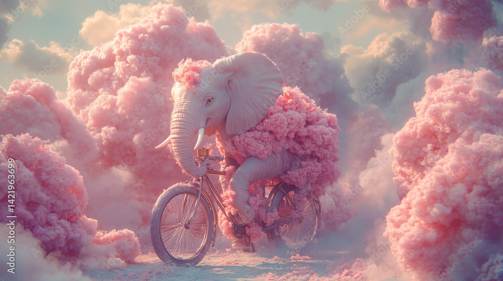 Cute fantasy elephant riding a bike among pink clouds in the sky . The Dream cotton-like cloud or candy smoke. Animal with present gift box for celebration day