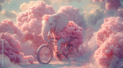 Obraz na płótnie Cute fantasy elephant riding a bike among pink clouds in the sky . The Dream cotton-like cloud or candy smoke. Animal with present gift box for celebration day w salonie
