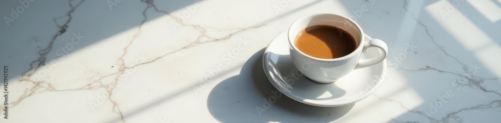 Geometric sun shadow on gray marble, coffee in minimal cup, saucer , aesthetic, morning, shadow Geometric sun shadow on gray marble, coffee in minimal cup, saucer , aesthetic, morning, shadow