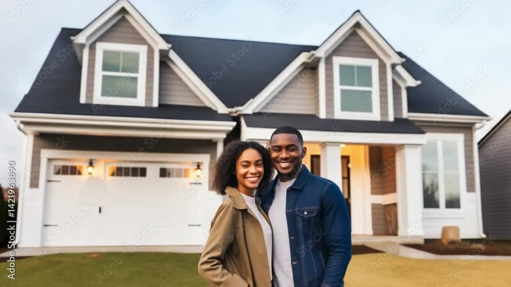 Dream Home Portrait: A joyful couple stands in front of their beautiful new home, capturing the essence of the American Dream and the aspiration for homeownership. Dream Home Portrait: A joyful couple stands in front of their beautiful new home, capturing the essence of the American Dream and the aspiration for homeownership.
