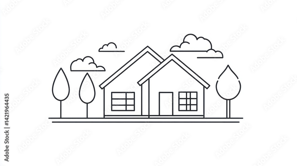Simple Line Art Suburban Homes with Clouds and Trees Simple Line Art Suburban Homes with Clouds and Trees