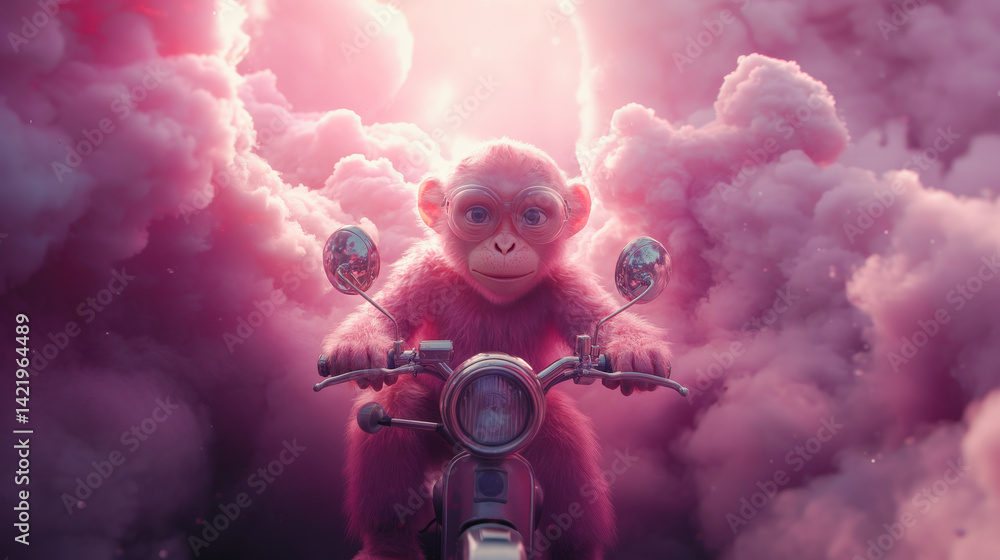 fantasy monkey riding a moped among pink clouds in the sky. The Dream cotton-like cloud or candy smoke.