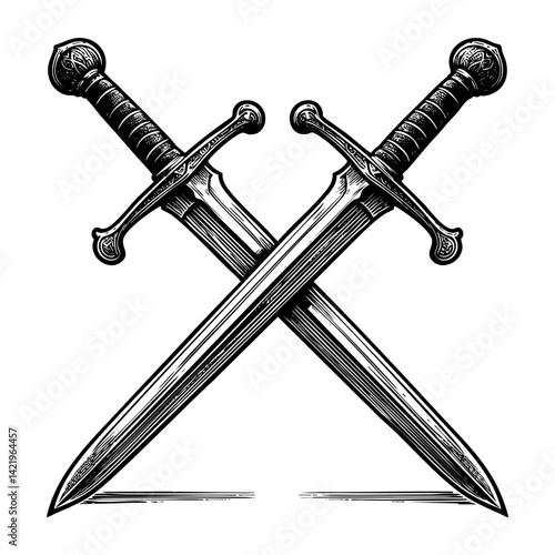 two swords crossed sketch engraving black and white outline. Scratch board imitation.