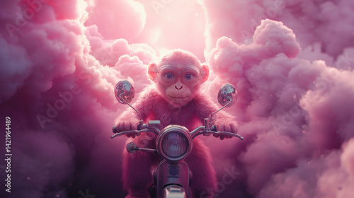 fantasy monkey riding a moped among pink clouds in the sky. The Dream cotton-like cloud or candy smoke.