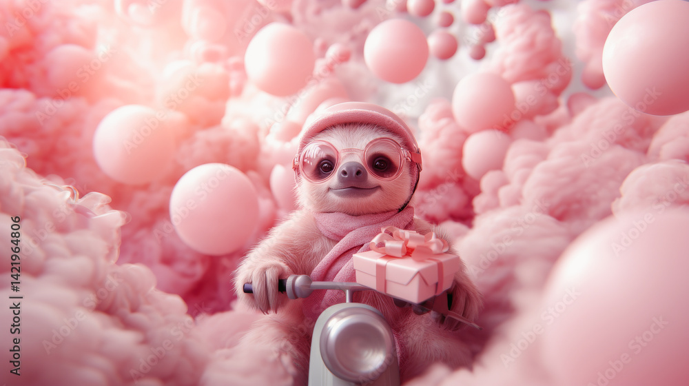 Cute fantasy sloth riding a moped among pink clouds in the sky . The Dream cotton-like cloud or candy smoke. Animal with present gift box for celebration day