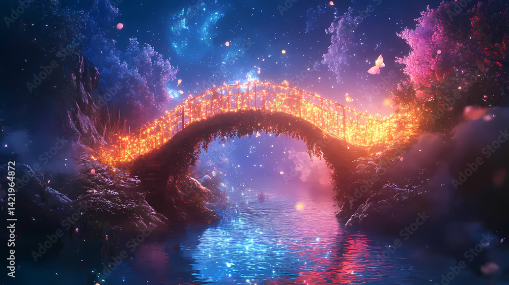 A colorful bridge over a sparkling stream in a fantasy. Illusion Stream. Illustration