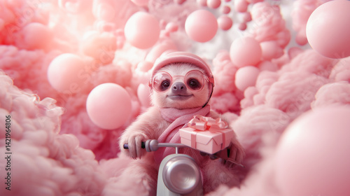 Obraz na płótnie Cute fantasy sloth riding a moped among pink clouds in the sky . The Dream cotton-like cloud or candy smoke. Animal with present gift box for celebration day w salonie
