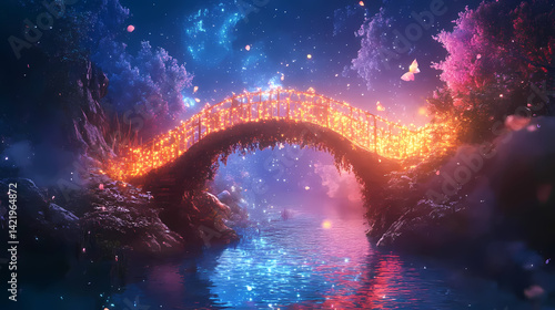 Obraz na płótnie A colorful bridge over a sparkling stream in a fantasy. Illusion Stream. Illustration w salonie