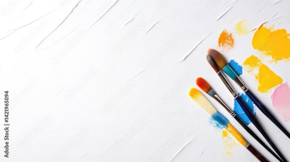 Art supplies arranged on a textured surface. Colorful paint swatches and artist brushes Art supplies arranged on a textured surface. Colorful paint swatches and artist brushes