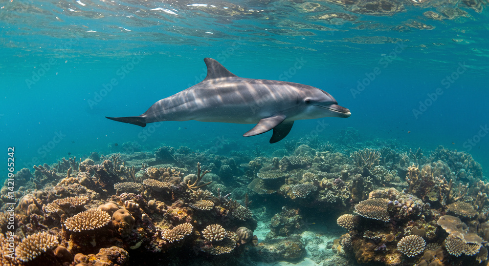 Fototapeta premium Dolphin Swimming Above Coral Reef in Clear Ocean Water