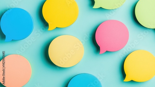 Colorful Speech Bubbles on Turquoise Background: A vibrant image featuring multiple pastel-colored speech bubbles arranged on a light blue backdrop 