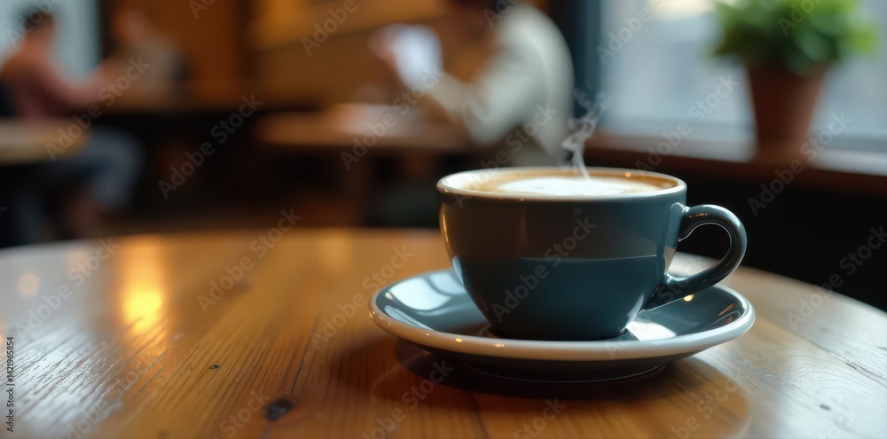Phone displaying coffee shop app, steaming latte on table, barista, latte Phone displaying coffee shop app, steaming latte on table, barista, latte