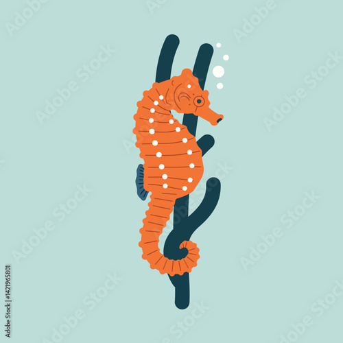 Orange seahorse clinging to dark seaweed vector illustration design on light blue background 