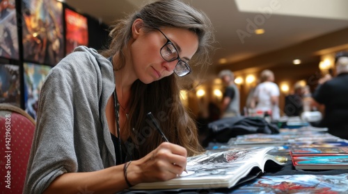 Female artist drawing and signing comic or manga art at a convention or artist fair, surrounded by artwork and fans