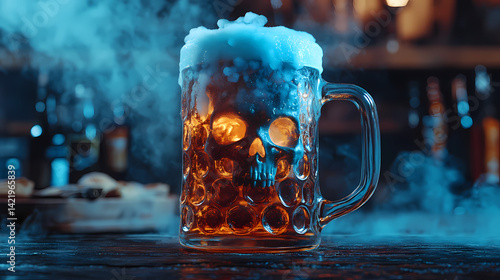 Obraz na płótnie Ghostly beer stein with fog flat design front view haunted tavern theme animation triadic color scheme. Phantom Foam. Illustration w salonie