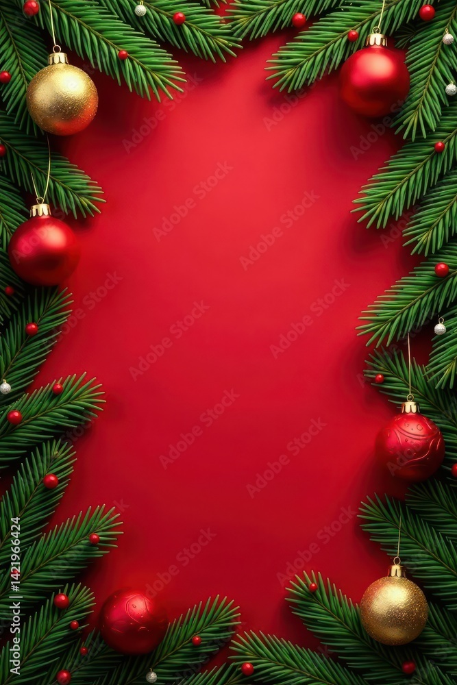 Red background, lush fir branches frame Festive Christmas border , vignette, graphic, red background Red background, lush fir branches frame Festive Christmas border , vignette, graphic, red background