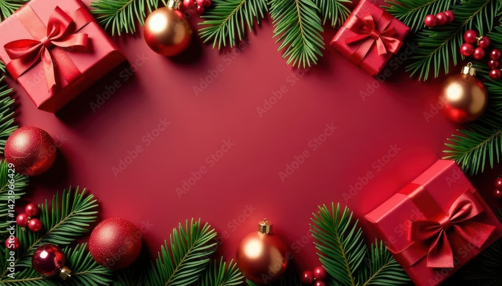 Red gift boxes, green branches, golden ornaments, Merry Christmas banner , red, Christmas, christmas tree Red gift boxes, green branches, golden ornaments, Merry Christmas banner , red, Christmas, christmas tree