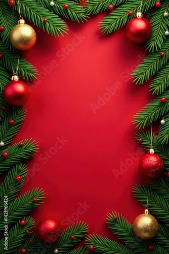 Wallpaper Mural Red background, lush fir branches frame Festive Christmas border , vignette, graphic, red background Torontodigital.ca