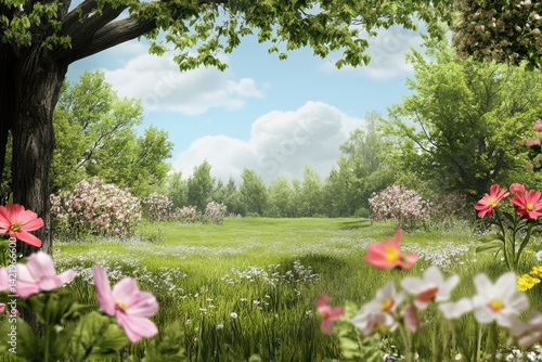 Vibrant spring landscape with blooming flowers and lush green trees in a serene setting