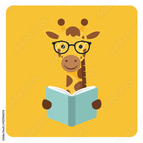 Giraffe wearing glasses reading book with yellow background vector illustration for children and education designs 
