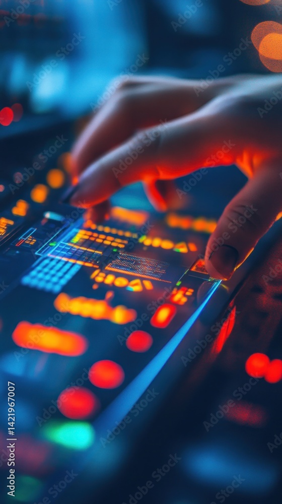 A DJ's Hand Mixing Music on a Vibrant Console