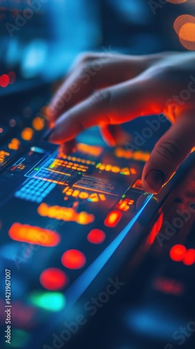 Obraz na płótnie A DJ's Hand Mixing Music on a Vibrant Console w salonie
