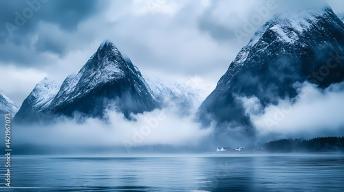 Snow-capped peaks and misty clouds adorn the norwegian wilderness amidst tranquil ocean waters , serene, nature, mountains. Hazy Waters. Illustration