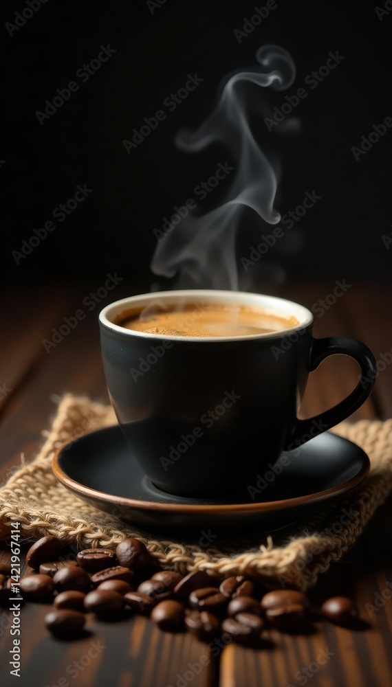Fototapeta premium Steaming coffee, burlap sack, coffee beans, wood texture Dark background , overhead, food, background