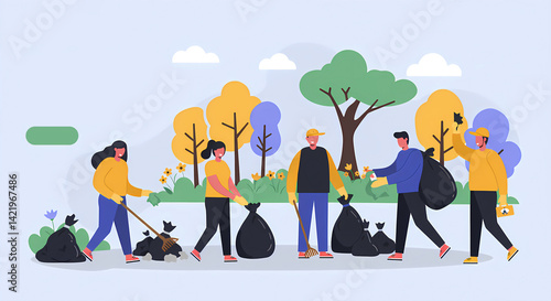 People cleaning public park on spring clean up day teamwork and eco responsibility in flat community scene
