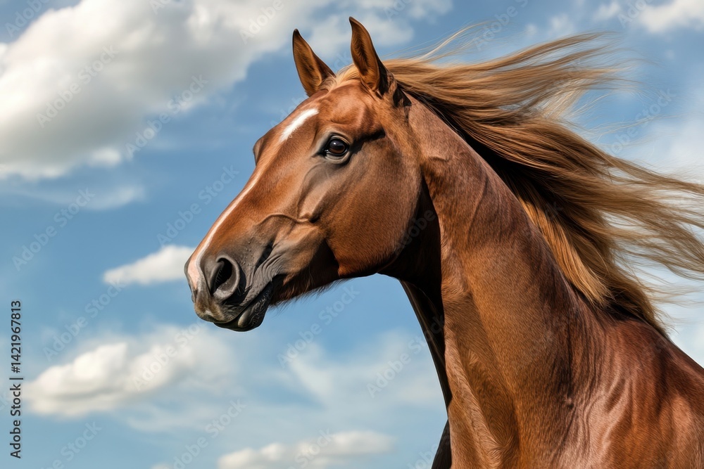 Majestic brown horse with flowing mane against a blue sky backdrop in a tranquil field Majestic brown horse with flowing mane against a blue sky backdrop in a tranquil field