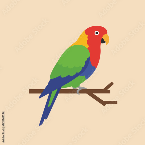Colorful parrot sitting on tree branch vector illustration with green red blue feathers and yellow beak 