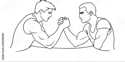 Black Outline Two Muscular Men Arm Wrestling, Competition, Intense Focus, Line Art