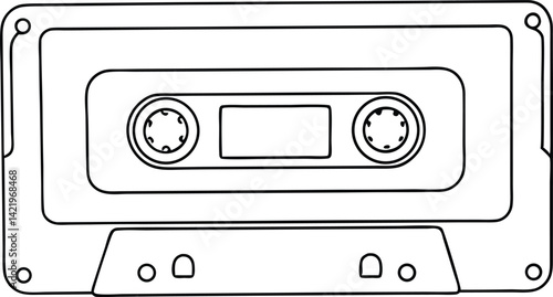 Black Outline Cassette Tape Retro Audio, Vintage Media, Music, Isolated Object