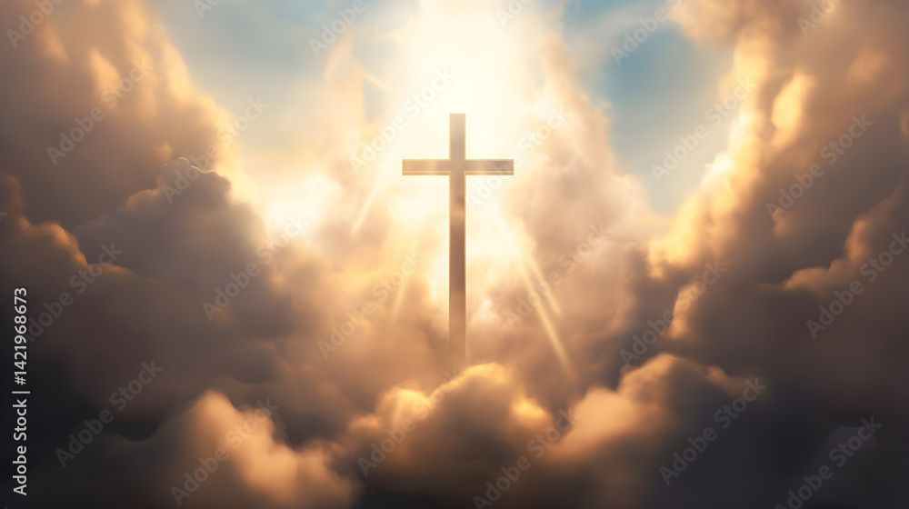 A golden cross with a radiant light shining through it, set against a dramatic, cloudy sky with a warm, golden hue. A golden cross with a radiant light shining through it, set against a dramatic, cloudy sky with a warm, golden hue.