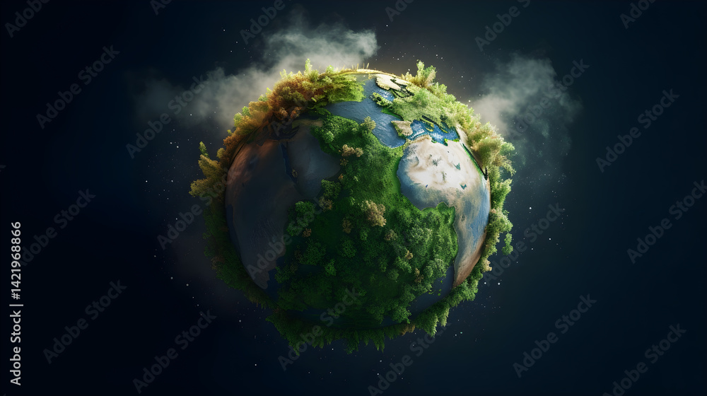 Naklejka premium A green and red planet with a blue ocean and green landmass, floating in space with a dark blue background.