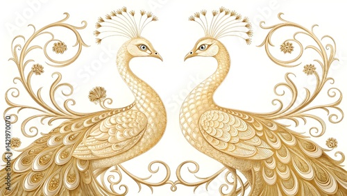 Majestic royal bird design with symmetrical golden peacocks, detailed plumage and sleek linework, elegant pattern on white background, 8K clarity